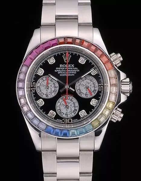Swiss Rolex Daytona Cosmograph Rainbow Crystals Bezel Stainless Steep Strap Black Dial Perfect Watch Rolex3774