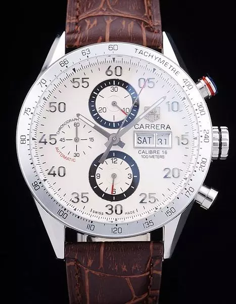Swiss Tag Heuer Carrera Tachymeter Bezel Dark Brown Leather Strap White Dial Perfect Watch Tage4130