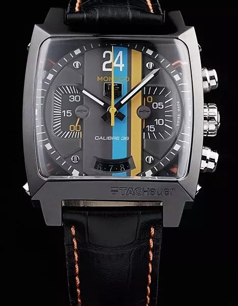 Swiss Tag Heuer Monaco Swiss Black Leather Strap Blue Yellow Striped Black Dial Perfect Watch Tage4157