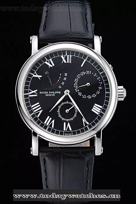 Patek Philippe Geneve Complications Black Dial Stainless Steel Bezel Black Leather Band Pant60040