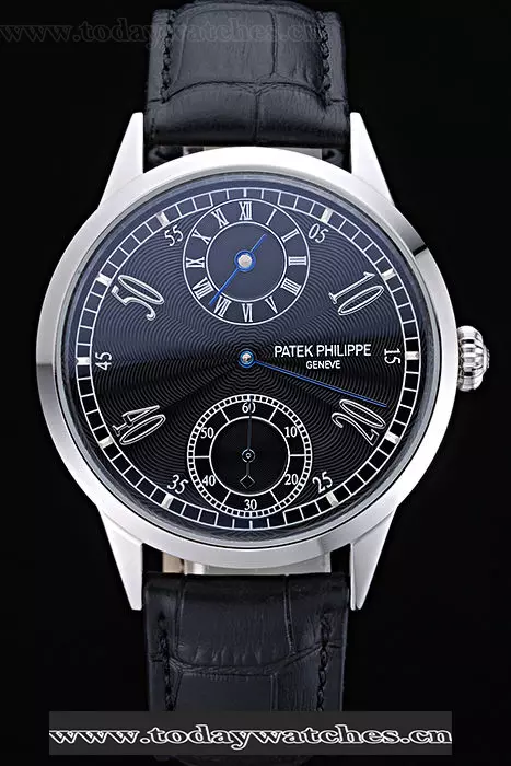 Patek Philippe Geneve Two Dial Black Dial Stainless Steel Bezel Black Leather Band Pant60044