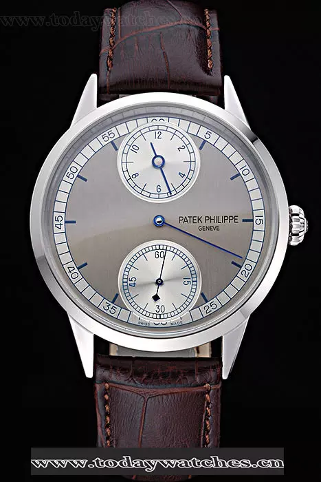 Patek Philippe Geneve Two Dial Gray Dial Stainless Steel Bezel Brown Leather Band Pant60046
