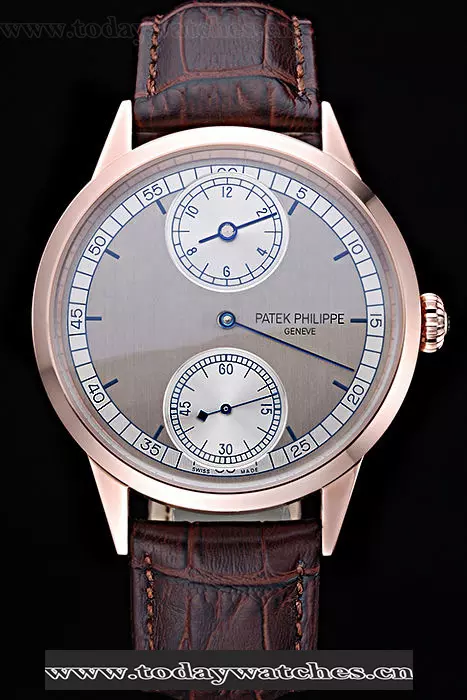 Patek Philippe Geneve Two Dial Gray Dial Rose Gold Bezel Brown Leather Band Pant60047