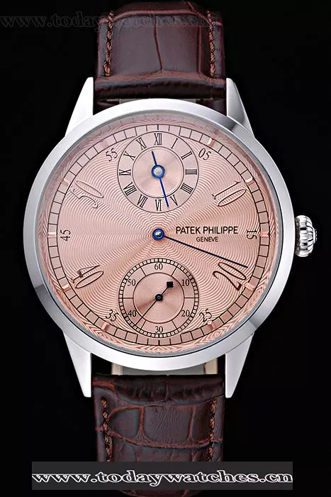 Patek Philippe Geneve Two Dial Rose Dial Stainless Steel Brown Leather Band Pant60049