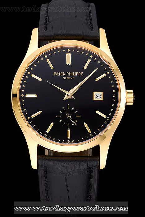 Patek Philippe Calatrava Black Dial Gold Case Black Leather Strap Pant120806
