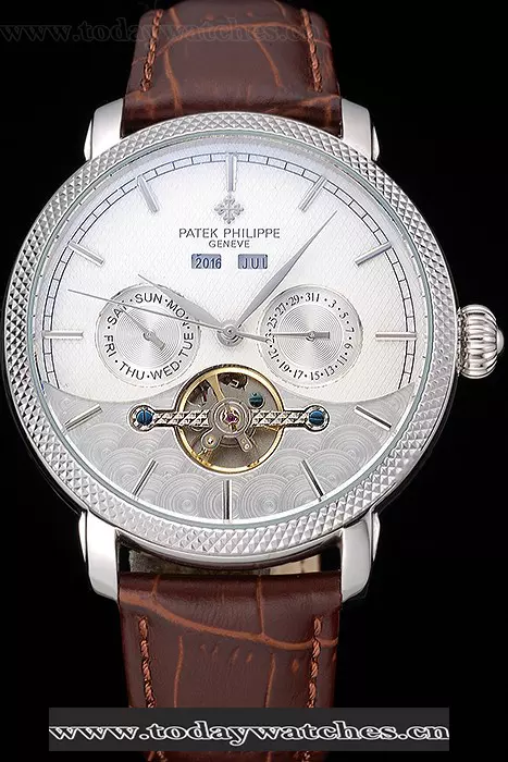 Patek Philippe Day Date Tourbillon White Dial Stainless Steel Case Embossed Bezel Brown Leather Strap Pant120814