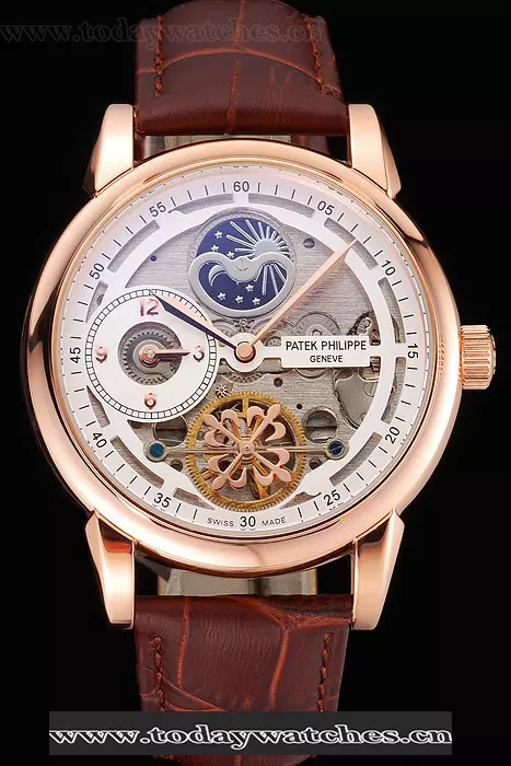 Patek Philippe Dual Time Moonphase Tourbillon White Skeletonised Dial Rose Gold Case Brown Leather Strap Pant121080