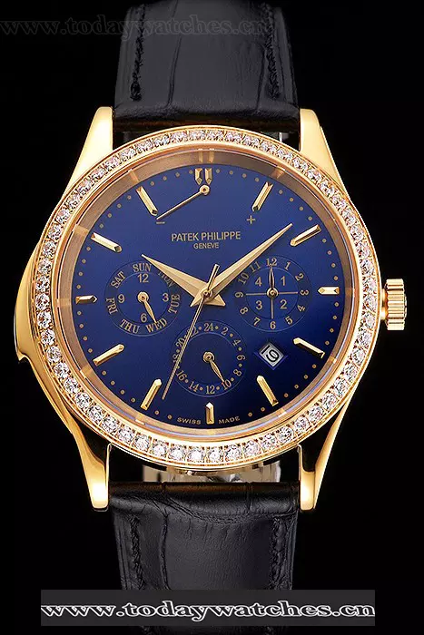 Patek Philippe Grand Complications Perpetual Calendar Blue Dial Gold Case Diamond Bezel Black Leather Strap Pant121987