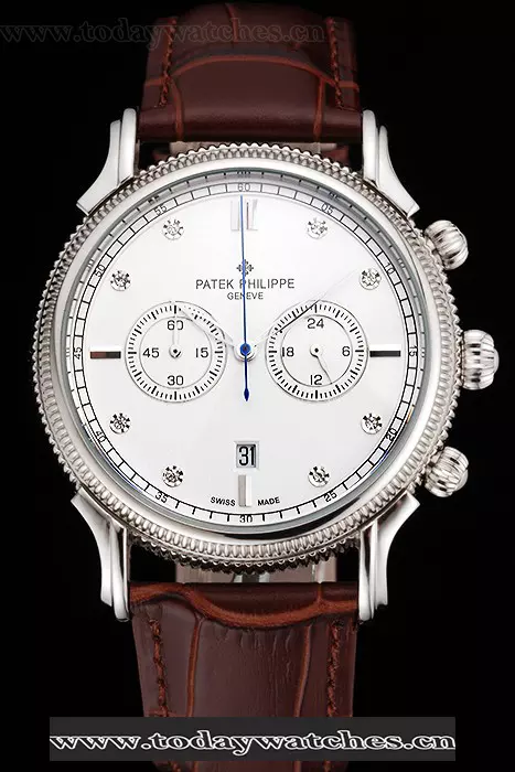 Patek Philippe Chronograph White Dial With Diamonds Stainless Steel Case Brown Leather Strap Pant122955
