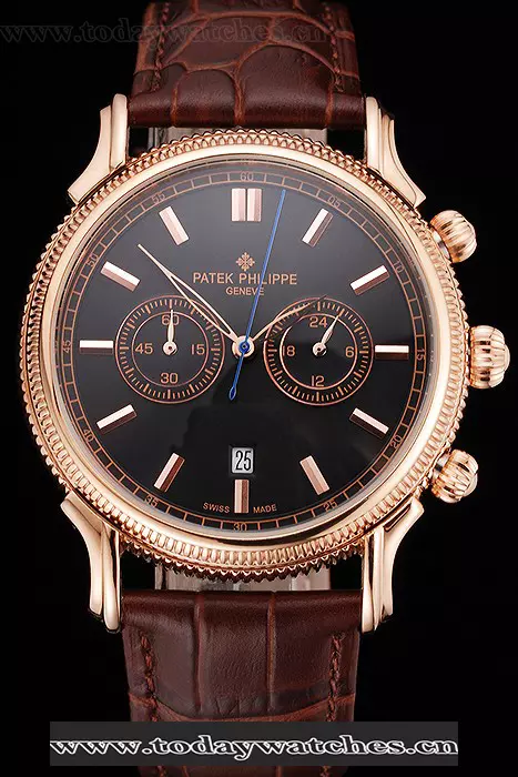 Patek Philippe Chronograph Black Dial Rose Gold Case Brown Leather Strap Pant122958