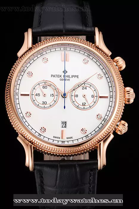 Patek Philippe Chronograph White Dial With Diamonds Rose Gold Case Black Leather Strap Pant122962