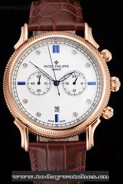 Patek Philippe Chronograph White Dial With Blue And Diamond Markings Rose Gold Case Brown Leather Strap Pant122963