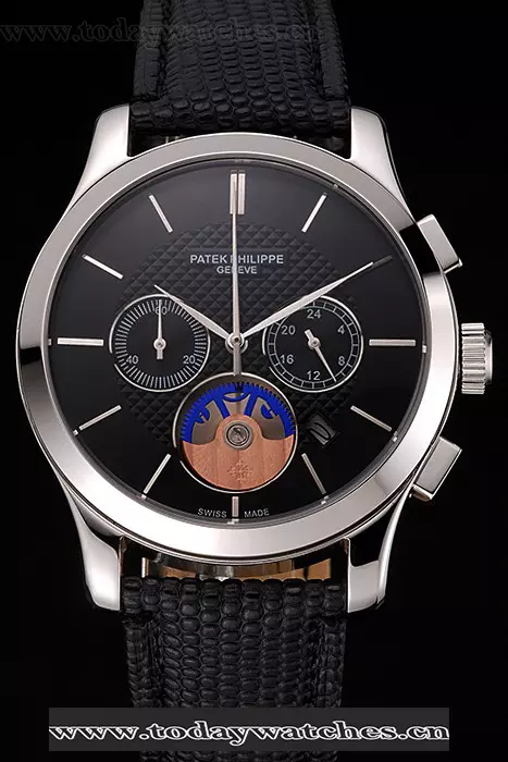 Patek Philippe Chronograph Black Dial Stainless Steel Case Black Leather Strap Pant123378