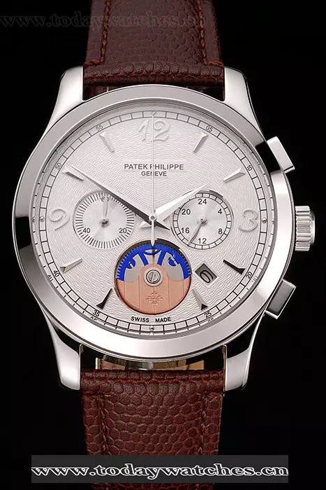 Patek Philippe Chronograph White Guilloche Dial Stainless Steel Case Brown Leather Strap Pant123387