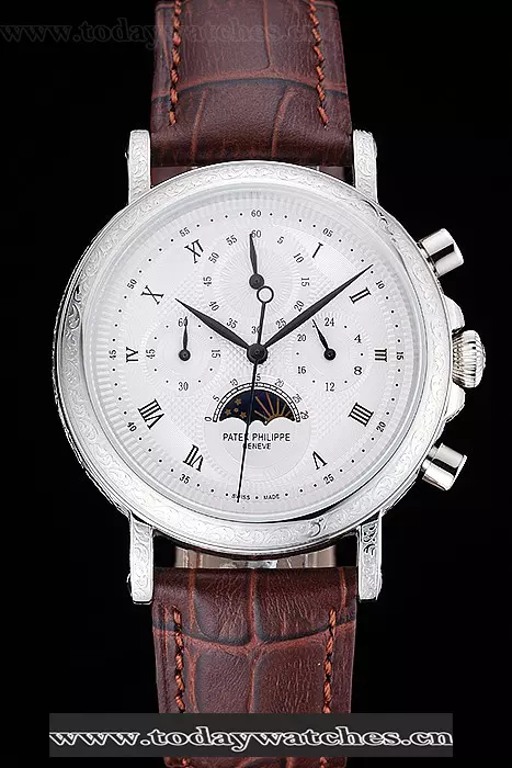 Patek Philippe Grand Complications White Dial Engraved Silver Case Brown Leather Bracelet Pant125140