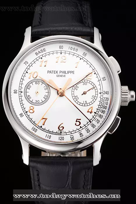 Patek Philippe Split Seconds White Dial Rose Gold Hands Stainless Steel Case Black Leather Strap Pant122988