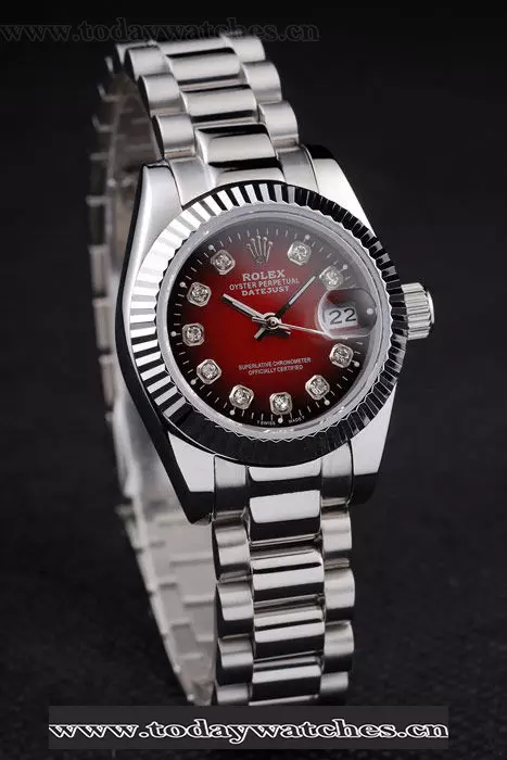 Rolex Datejust Polished Stainless Steel Two Tone Red Dial Pant58025