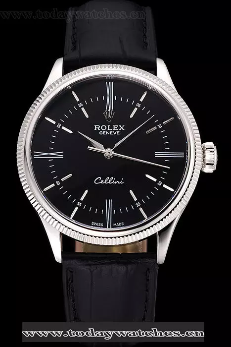 Rolex Cellini Time Silver Case Black Dial Black Leather Bracelet Pant60538