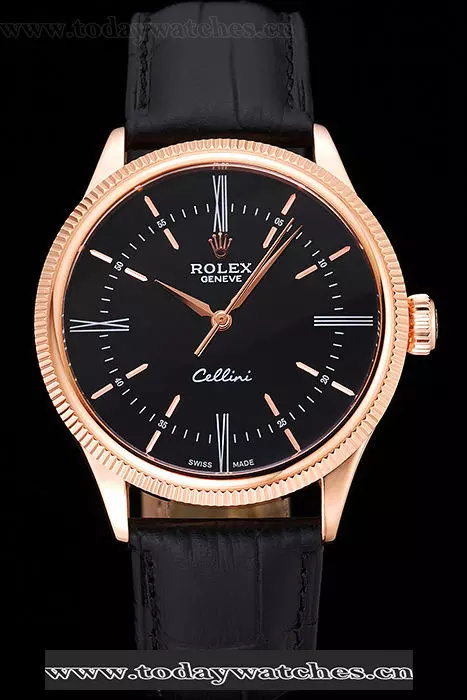 Rolex Cellini Time Gold Case Black Dial Black Leather Bracelet Pant60540