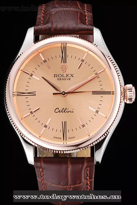 Rolex Cellini Gold Dial And Bezel Stainless Steel Case Brown Leather Strap Pant120983