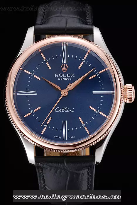Rolex Cellini Blue Dial Gold Bezel Stainless Steel Case Black Leather Strap Pant120984