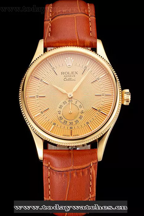 Rolex Cellini Gold Dial Gold Case Light Brown Leather Strap Pant121588