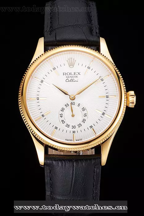 Rolex Cellini White Dial Gold Case Black Leather Strap Pant121589