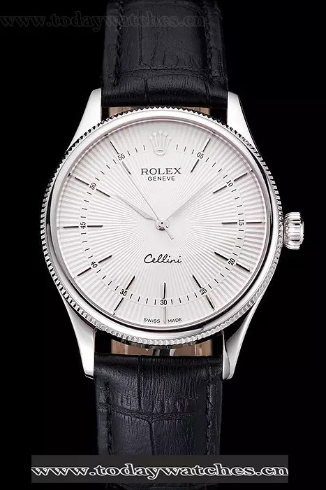 Rolex Cellini White Guilloche Dial Stainless Steel Case Black Leather Strap Pant121599
