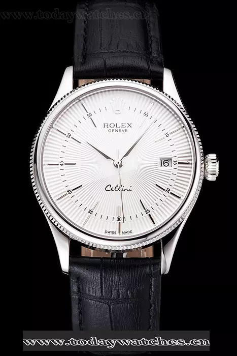 Rolex Cellini Date White Dial Stainless Steel Case Black Leather Strap Pant121600