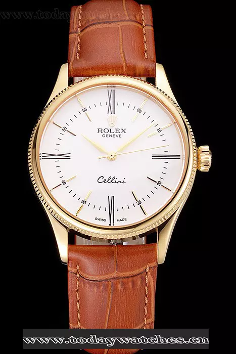 Rolex Cellini White Dial Roman Numerals Gold Case Light Brown Leather Strap Pant121616