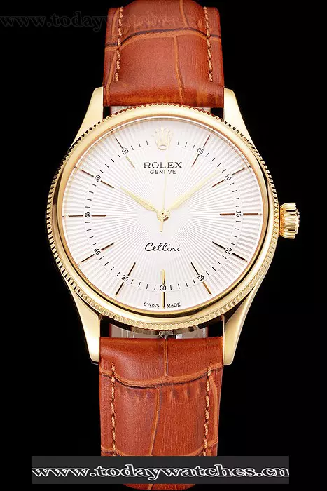 Rolex Cellini White Guilloche Dial Gold Case Light Brown Leather Strap Pant121617