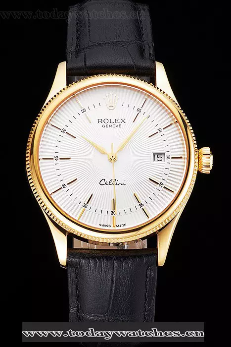 Rolex Cellini Date White Dial Gold Case Black Leather Strap Pant121605