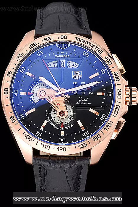 Tag Heuer Carrera Rose Gold Bezel With Black Dial And Black Leather Strap Pant59628