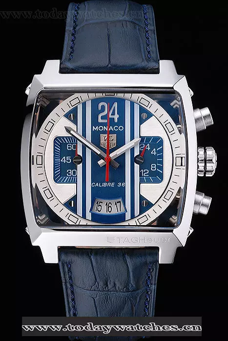 Tag Heuer Monaco 24 Calibre 36 Chronograph Blue And Grey Stripes Dial Blue Leather Strap Pant60169