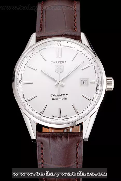 Tag Heuer Carrera Calibre 5 Silver Dial Stainless Steel Case Brown Leather Strap Pant121635